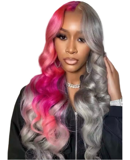 13x6 Transparent Pink and silver Body Wave Lace Frontal Human Hair Wig 180% density 26 inches